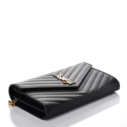 Saint Laurent Grain De Poudre Matelasse Chevron Medium Monogram Chain Wallet Black 4 of 9