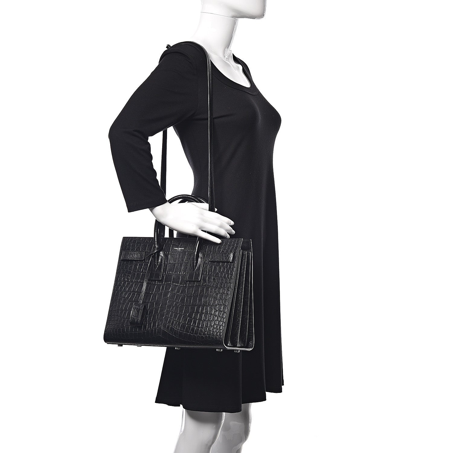 Saint Laurent Calfskin Crocodile Embossed Small Sac de Jour Black 2 of 10