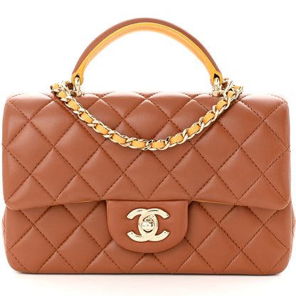 Chanel Lambskin Quilted Bi-Color Mini Top Handle Rectangular Flap Light Brown Yellow 8 of 11