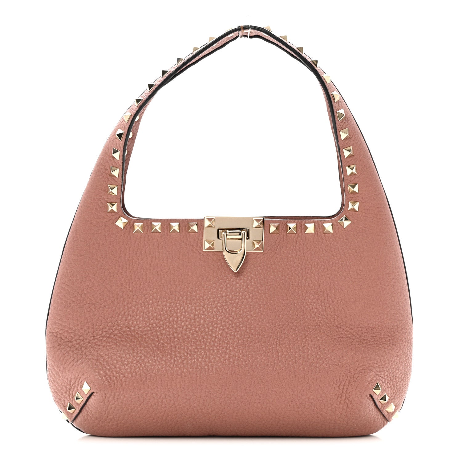 Valentino Garavani Pebbled Calfskin Small Rockstud Flip Lock Hobo Dark Nude 1 of 12