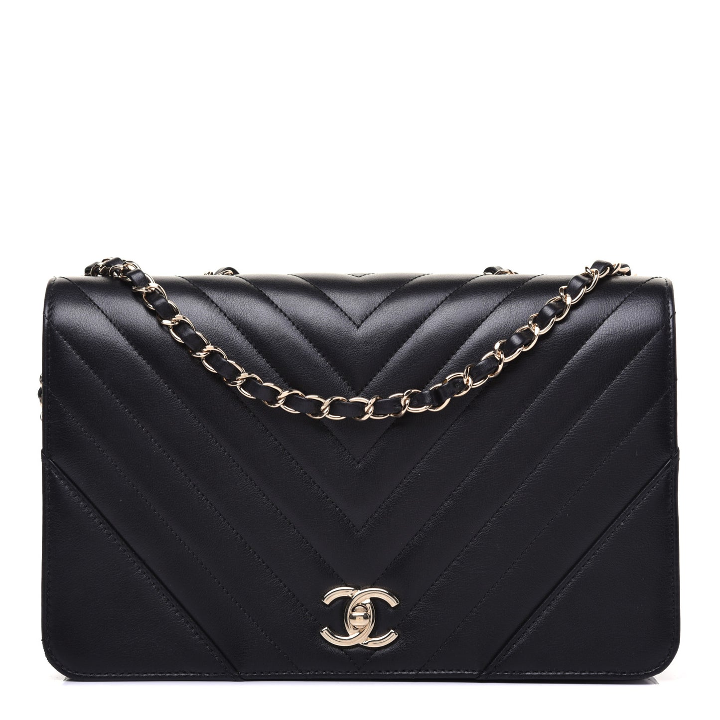 Calfskin Chevron Quilted Medium Statement Flap Black