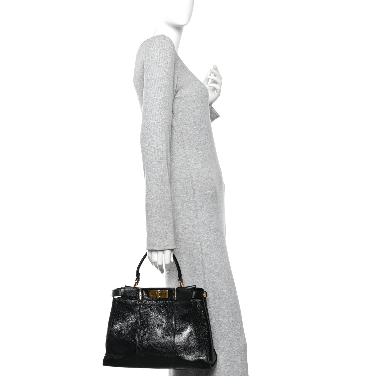 Fendi Agnello Old Shine Medium Peekaboo Iconic Satchel Black 2 of 10