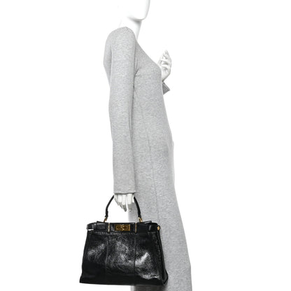 Fendi Agnello Old Shine Medium Peekaboo Iconic Satchel Black 2 of 10