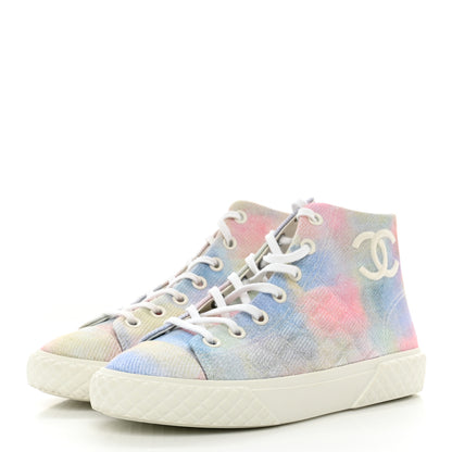 Chanel Printed Fabric High Top CC Sneakers 38 Green Pink Blue White 3 of 12