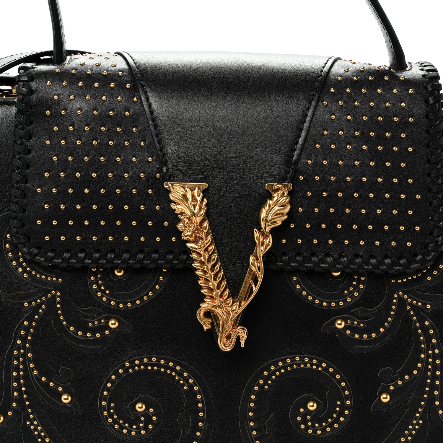 Versace Vitello Western Studded Virtus Top Handle Shoulder Bag Black 7 of 9