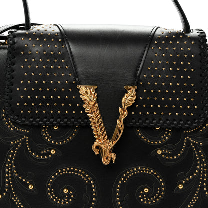 Versace Vitello Western Studded Virtus Top Handle Shoulder Bag Black 7 of 9