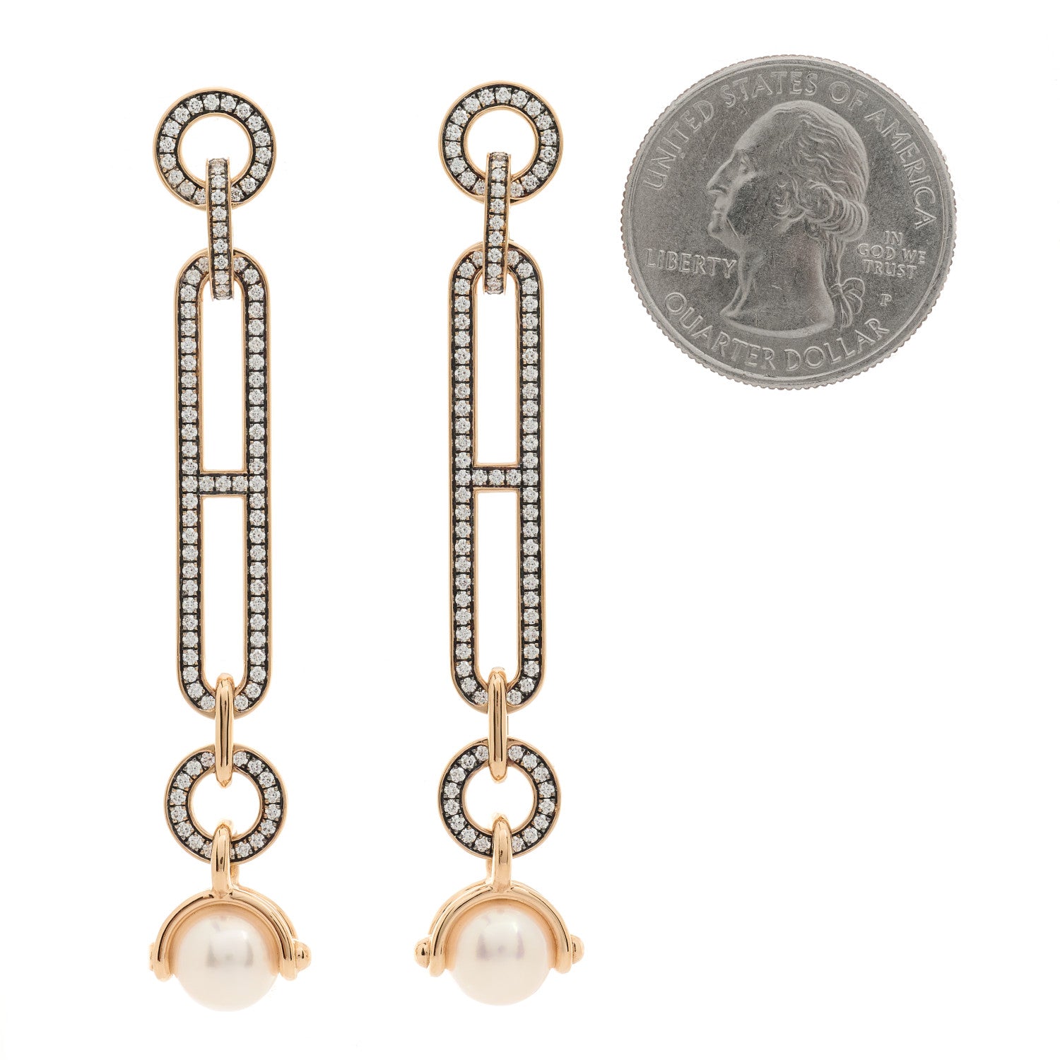 Hermes 18K Rose Gold Diamond Pearl PM Chandra Drop Earrings 2 of 5