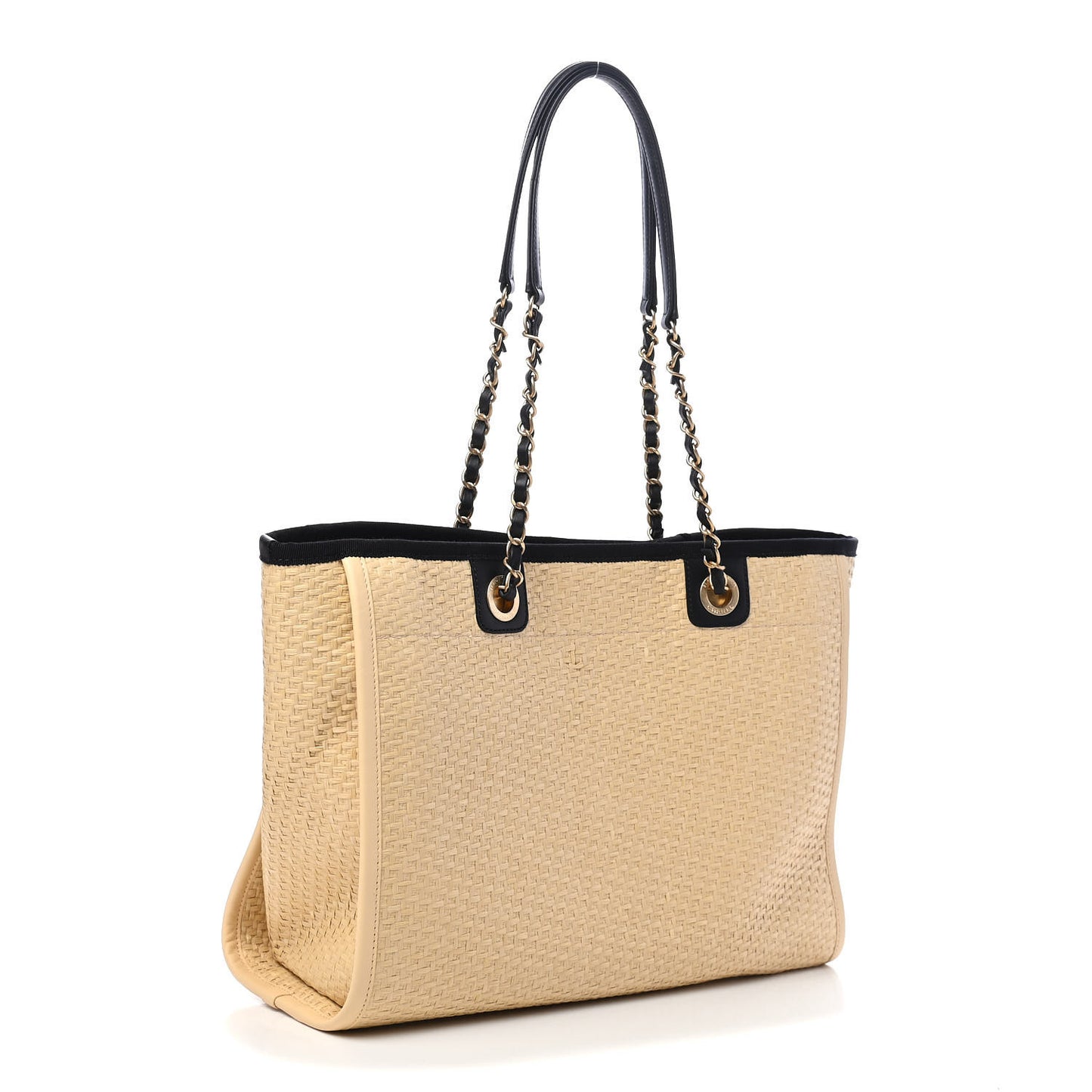 Straw Raffia Calfskin Chain Small Deauville Tote Beige Black