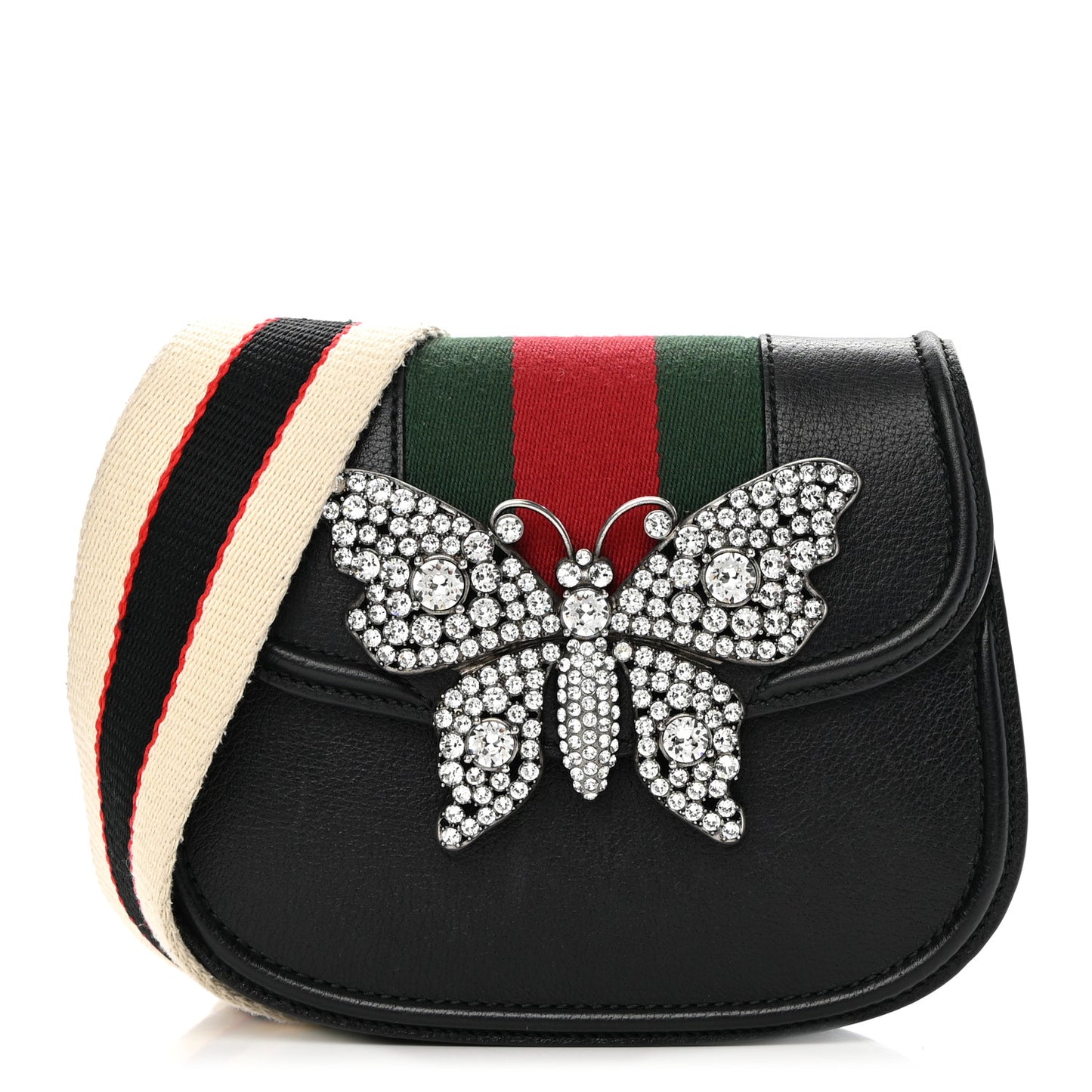 Calfskin Web Crystal Butterfly Stripe Small Totem Shoulder Bag Black