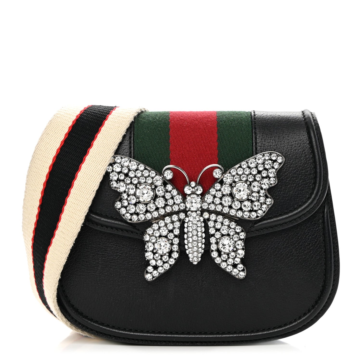 Gucci Calfskin Web Crystal Butterfly Stripe Small Totem Shoulder Bag Black 1 of 16