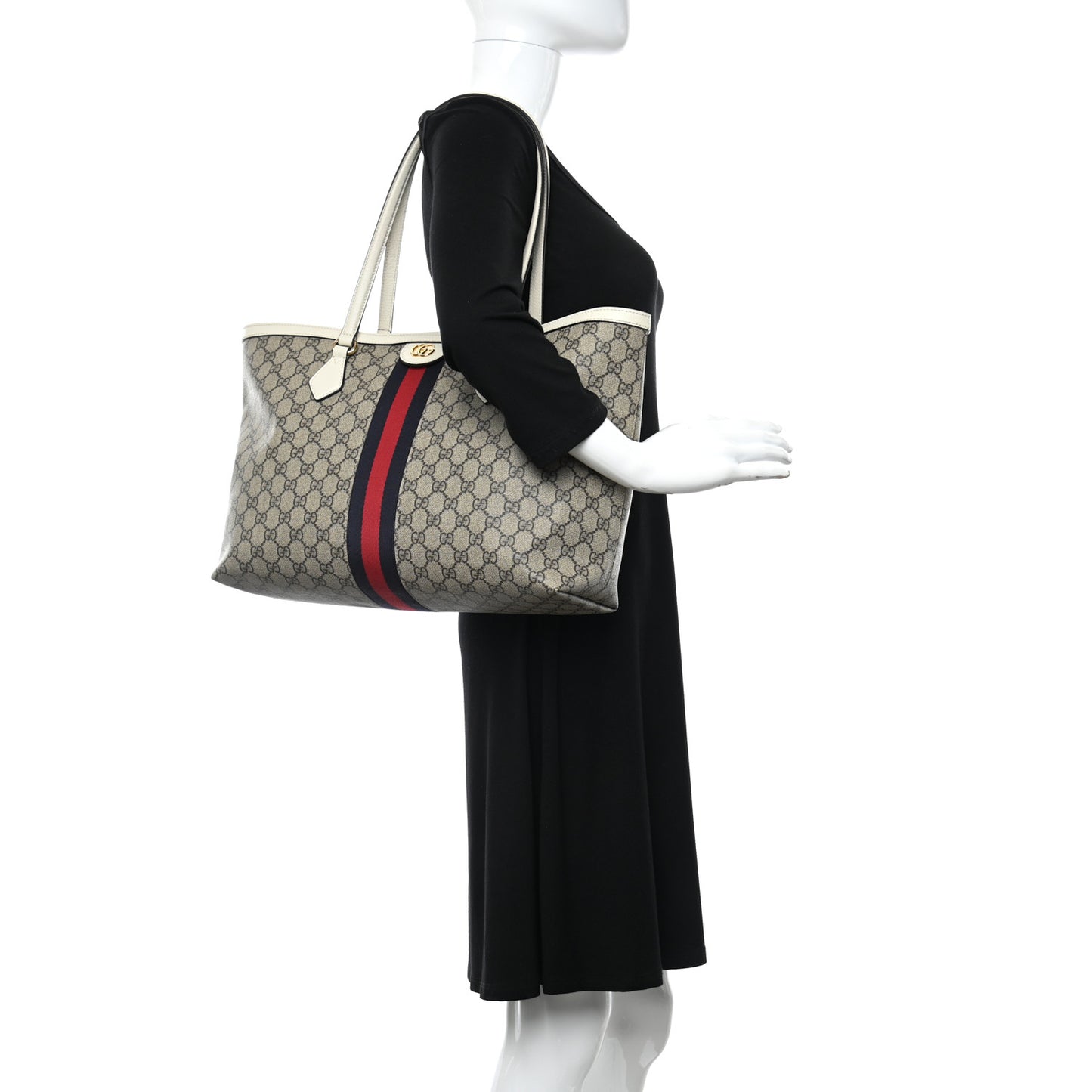 GG Supreme Monogram Textured Dollar Calfskin Web Medium Ophidia Shopping Tote Beige Ebony Mystic White