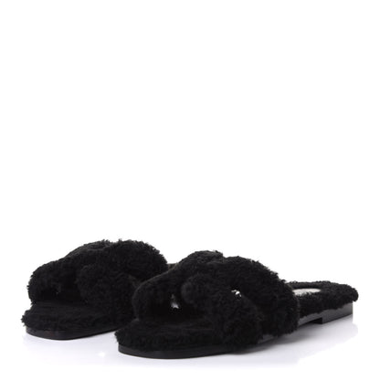 Hermes Woolskin Oran Sandals 38 Black 3 of 9