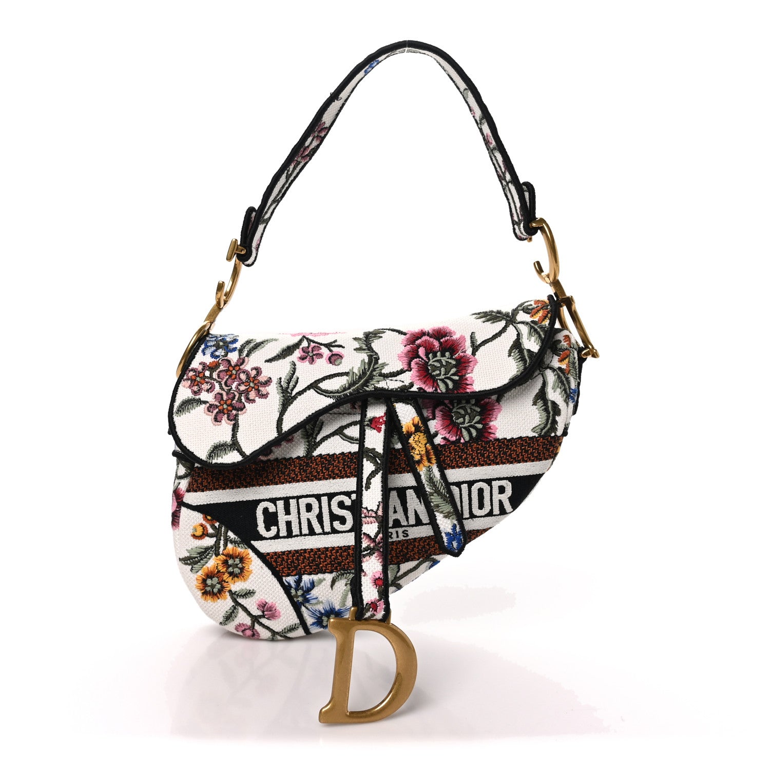 Christian Dior Canvas Embroidered Petites Fleurs Saddle Bag White Multicolor 1 of 10