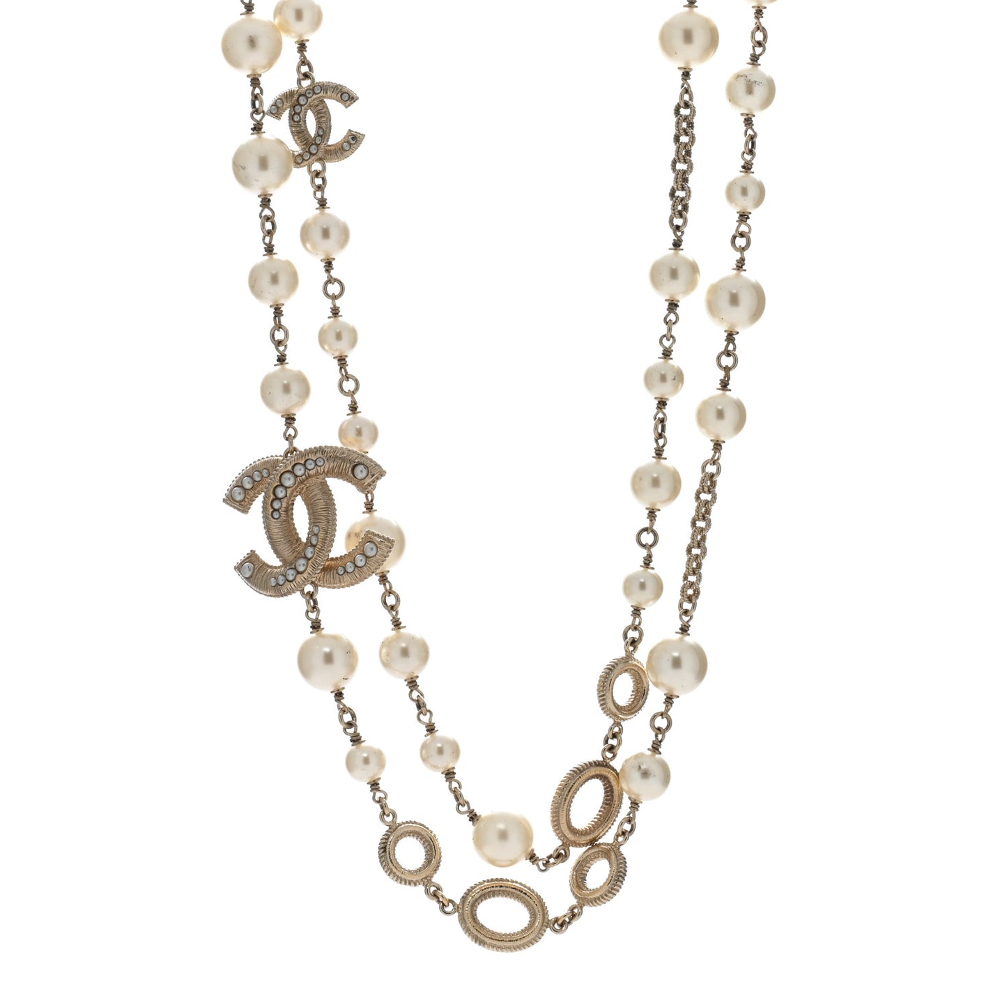 Metal Graduated Pearl Crystal CC Long Necklace Gold