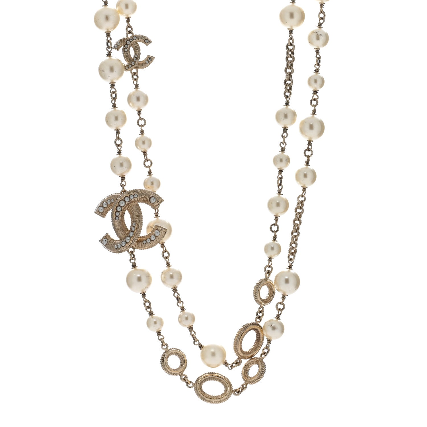 Chanel Metal Graduated Pearl Crystal CC Long Necklace Gold 1 of 4