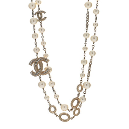 Chanel Metal Graduated Pearl Crystal CC Long Necklace Gold 1 of 4