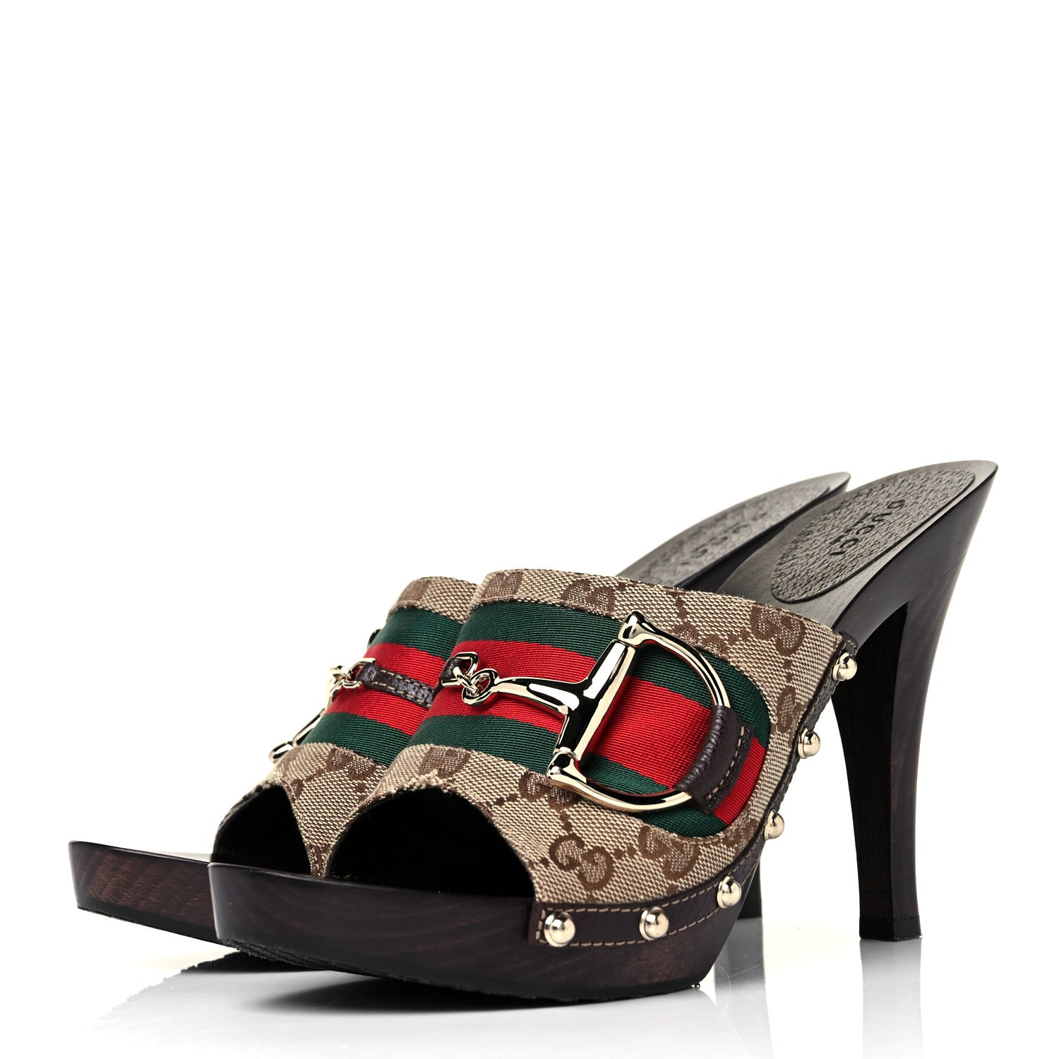 Gucci Monogram Natural Pigskin Web Icon Bit Platform Clog High Heel Slide Sandals 9 Beige Ebony Cocoa 3 of 9