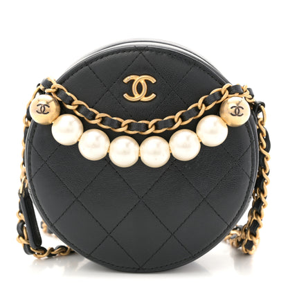 Chanel Goatskin Quilted Chic Pearls Chain Round Clutch With Chain Black 1 of 10