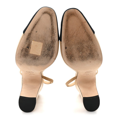 Chanel Goatskin Grosgrain Cap Toe CC Slingback Pumps 37 Beige Black 6 of 9