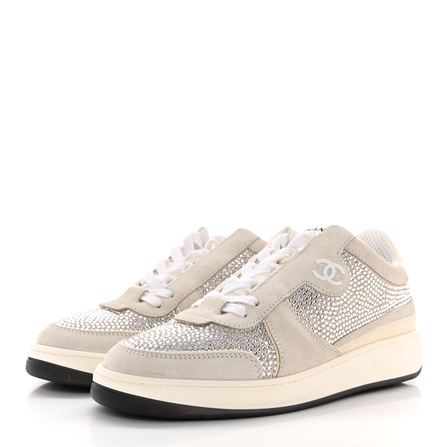 Chanel Calfskin Suede Crystal Womens CC Sneakers 40 White 3 of 8