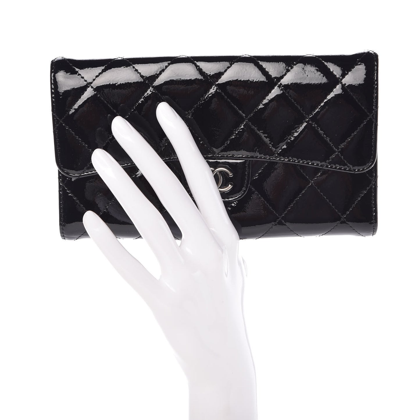Patent Quilted Large Flap Wallet Black