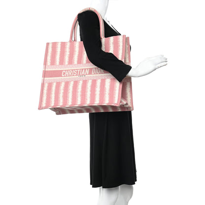 Christian Dior Canvas Embroidered Large Striped Book Tote Pink 2 of 9