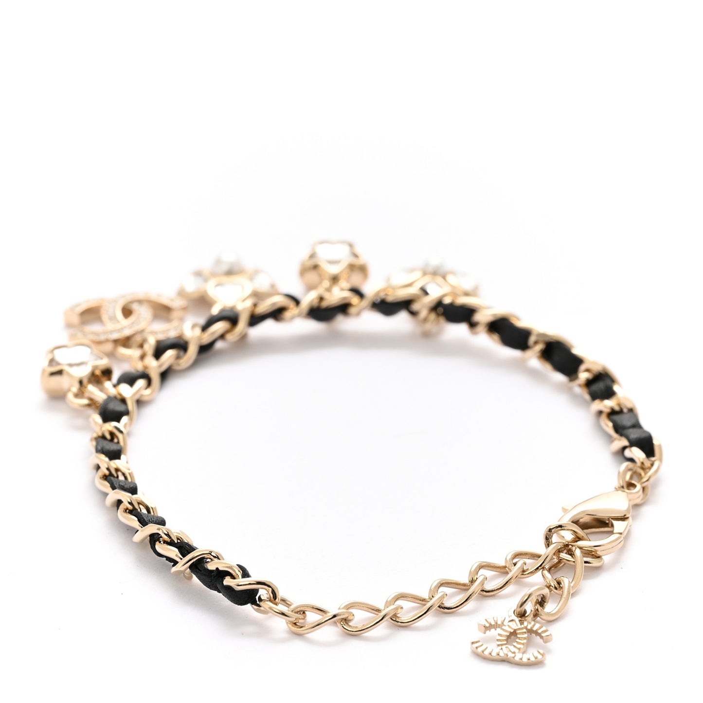 Metal Lambskin Crystal Chain CC Charms Bracelet Gold Black