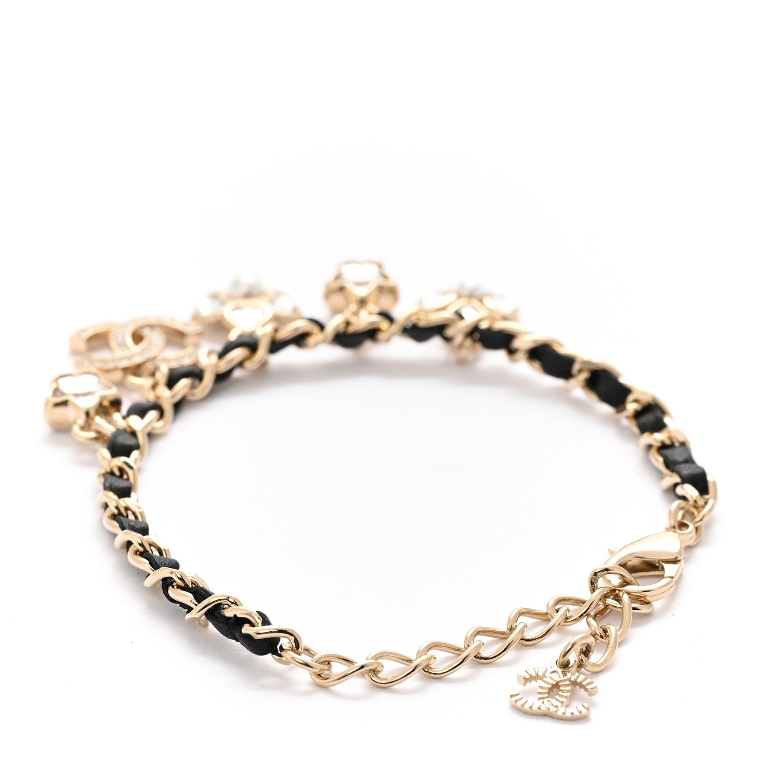 Chanel Metal Lambskin Crystal Chain CC Charms Bracelet Gold Black 3 of 5