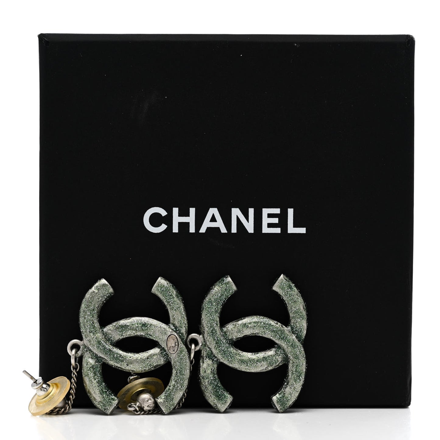 Glitter Enamel CC Drop Earrings Silver Green