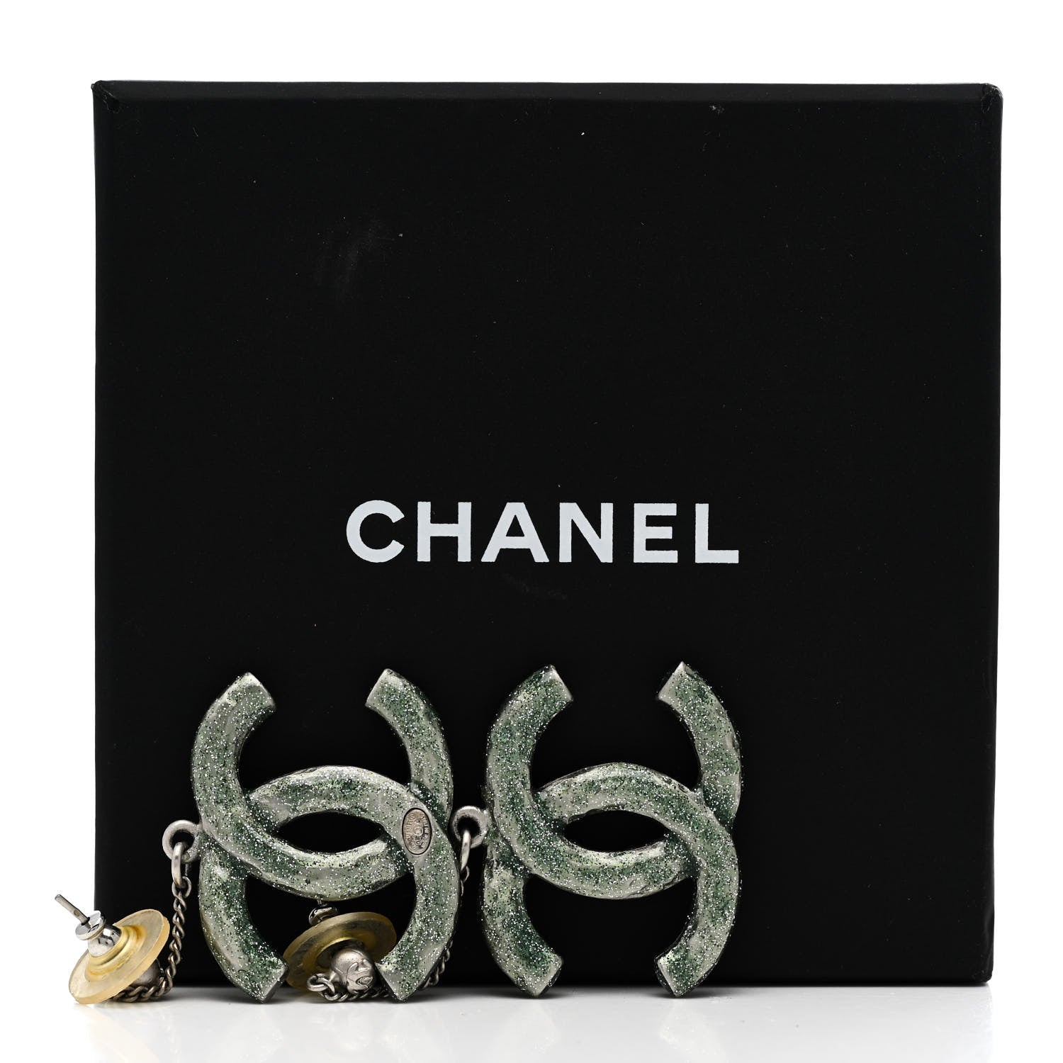Chanel Glitter Enamel CC Drop Earrings Silver Green 5 of 5