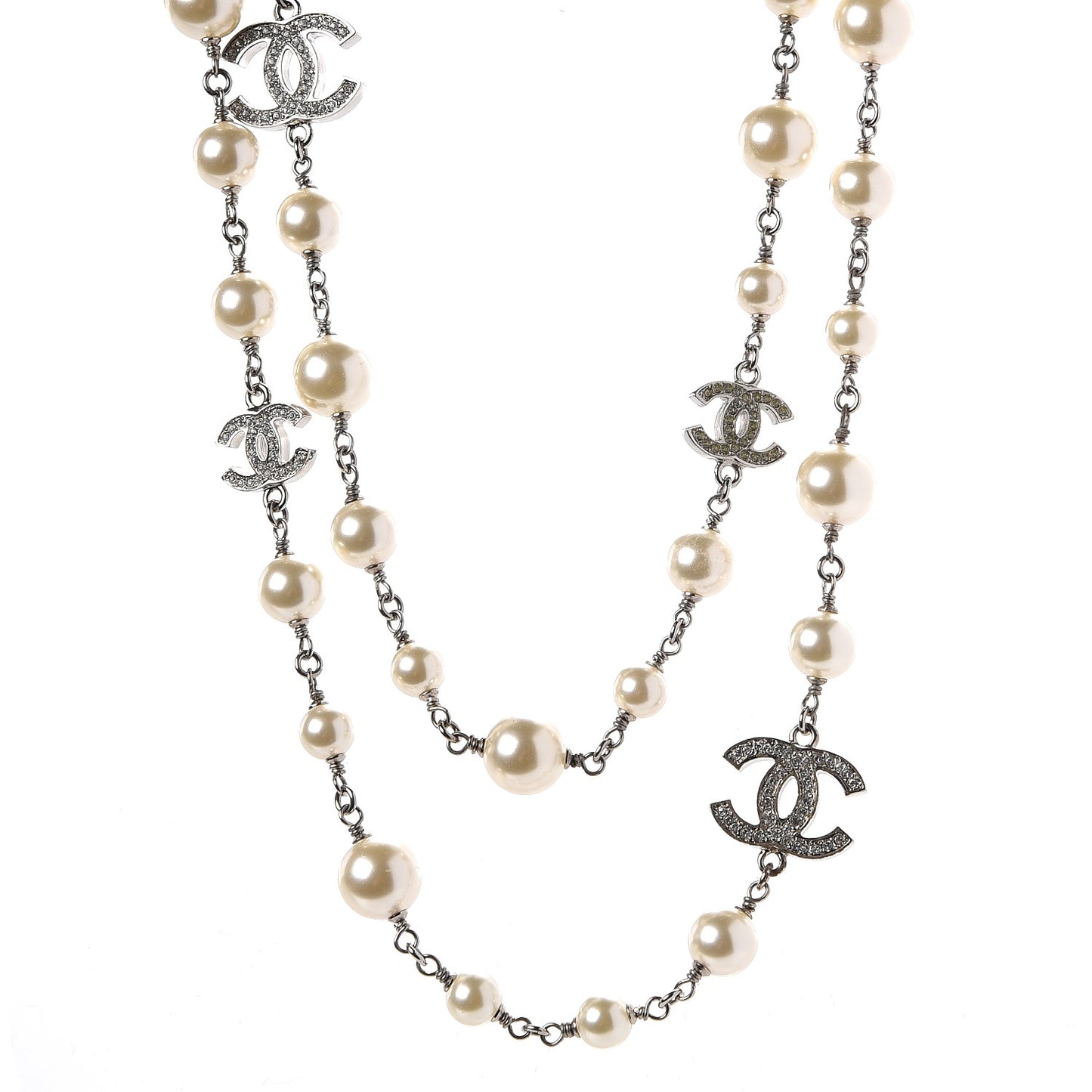 Crystal Pearl CC Long Necklace Silver