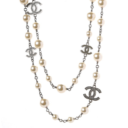 Chanel Crystal Pearl CC Long Necklace Silver 1 of 6