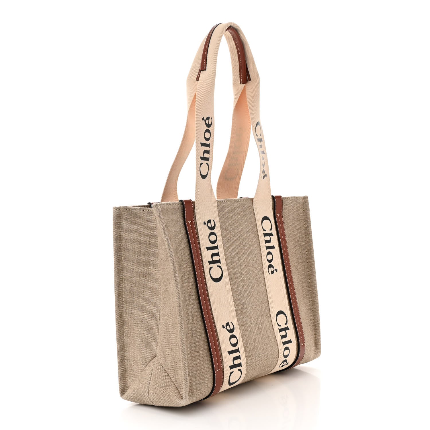 Chloe Linen Calfskin Medium Woody Ribbon Tote White Brown 3 of 10