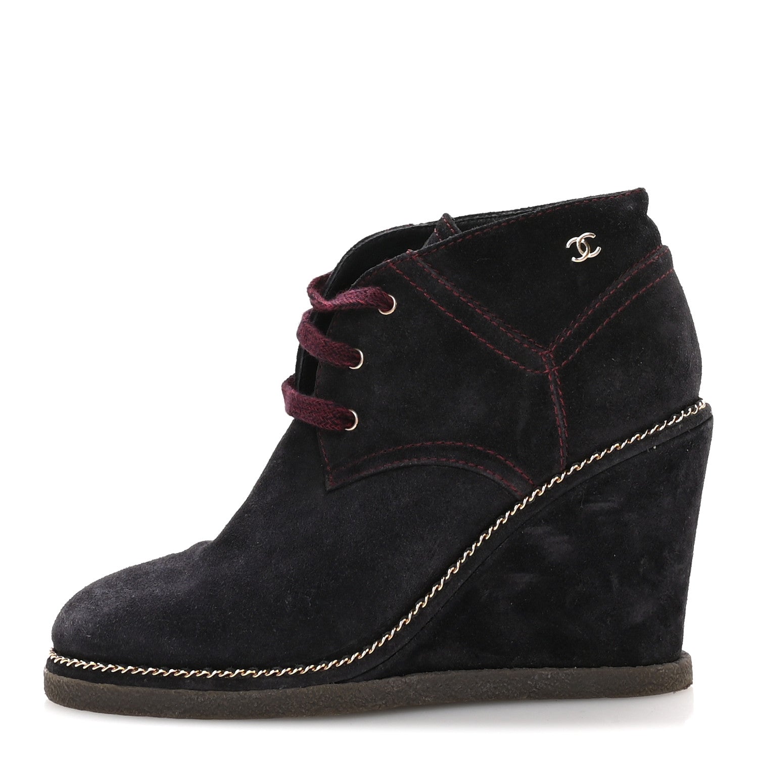 Chanel Suede Lace Up Wedge Booties 37 Dark Blue 1 of 8