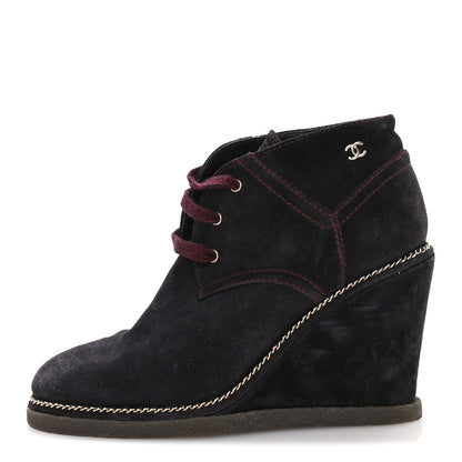 Chanel Suede Lace Up Wedge Booties 37 Dark Blue 1 of 8