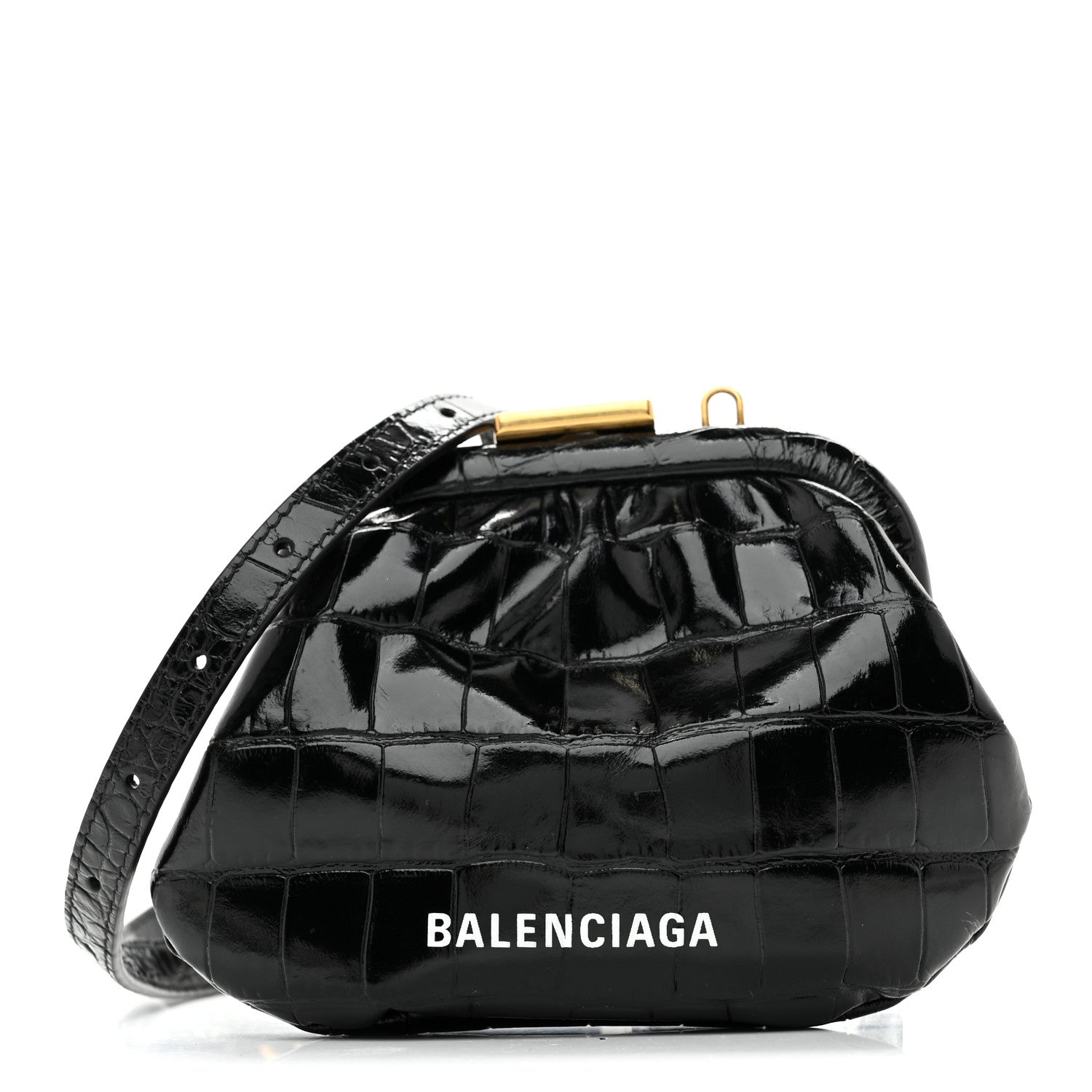 Balenciaga Shiny Supple Calfskin Logo Crocodile Embossed Cloud Coin Purse With Strap Black White 1 of 10