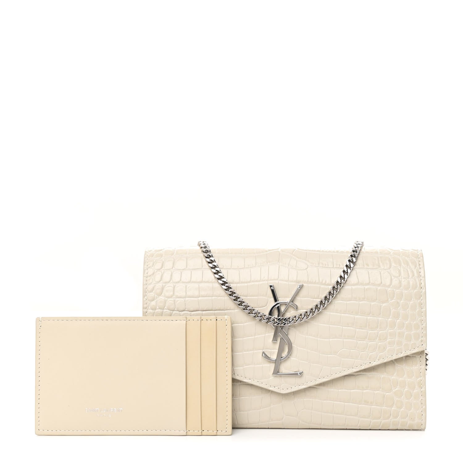 Saint Laurent Calfskin Crocodile Embossed Monogram Uptown Chain Wallet Crema Soft 3 of 11