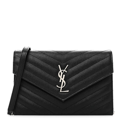 Saint Laurent Grain De Poudre Matelasse Chevron Monogram Envelope Chain Wallet Black 1 of 9