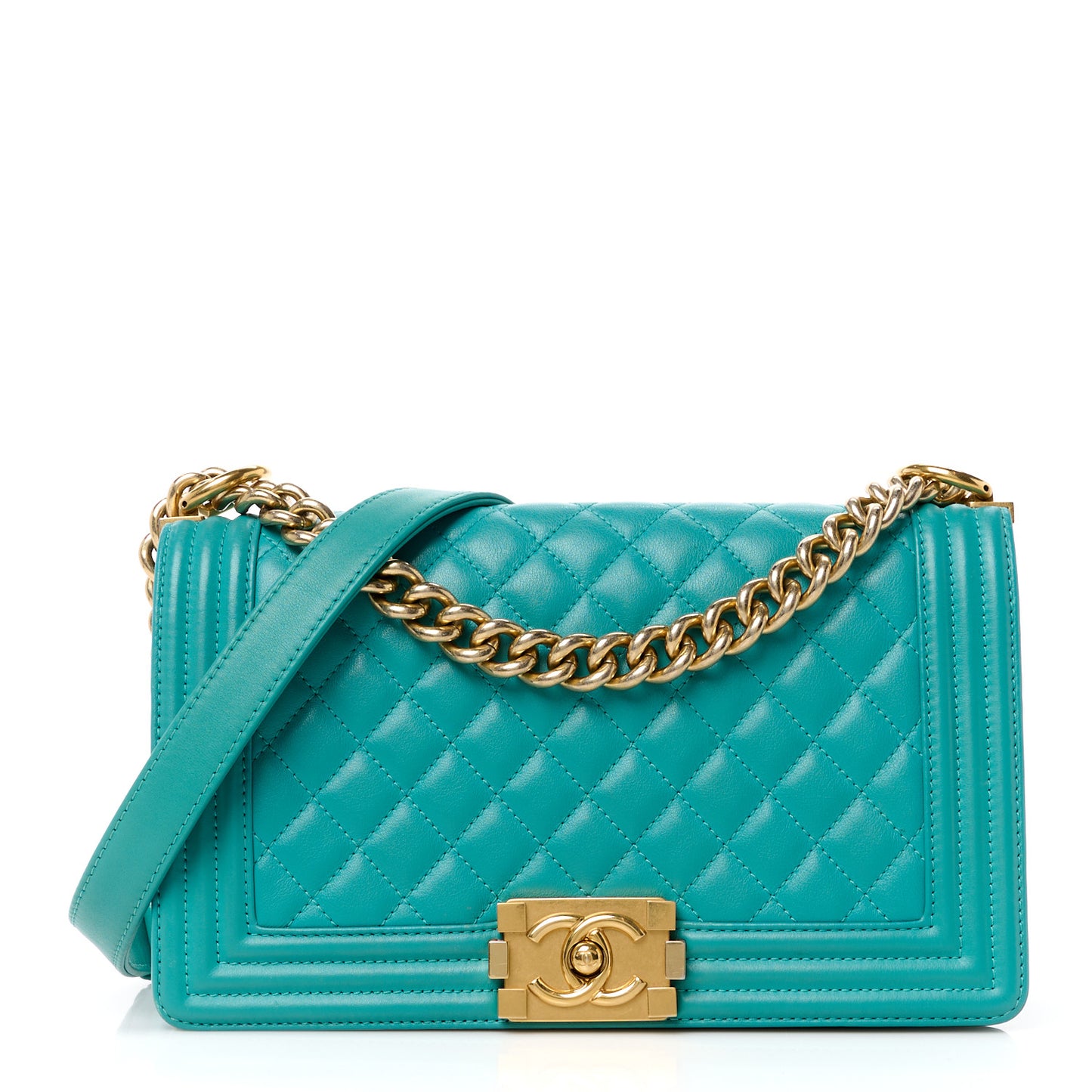 Calfskin Quilted Medium Boy Flap Turquoise