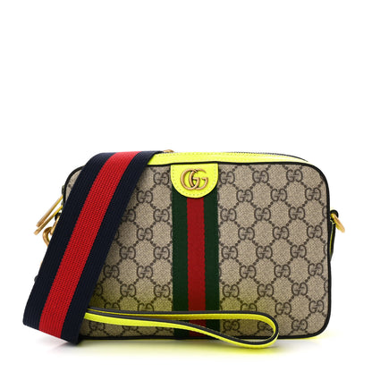 Gucci GG Supreme Monogram Textured Dollar Calfskin Web Ophidia Wristlet Shoulder Bag Beige Ebony Yellow 1 of 10