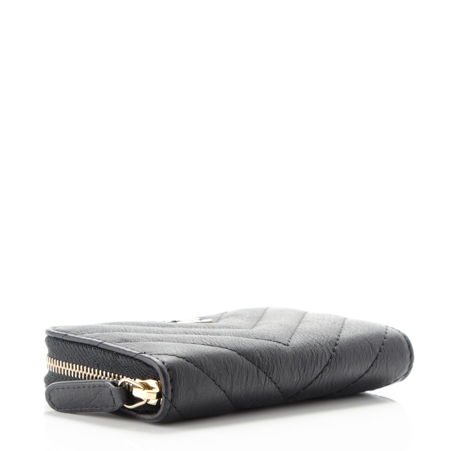 Calfskin Chevron Quilted Zip Around Coin Purse Wallet Black