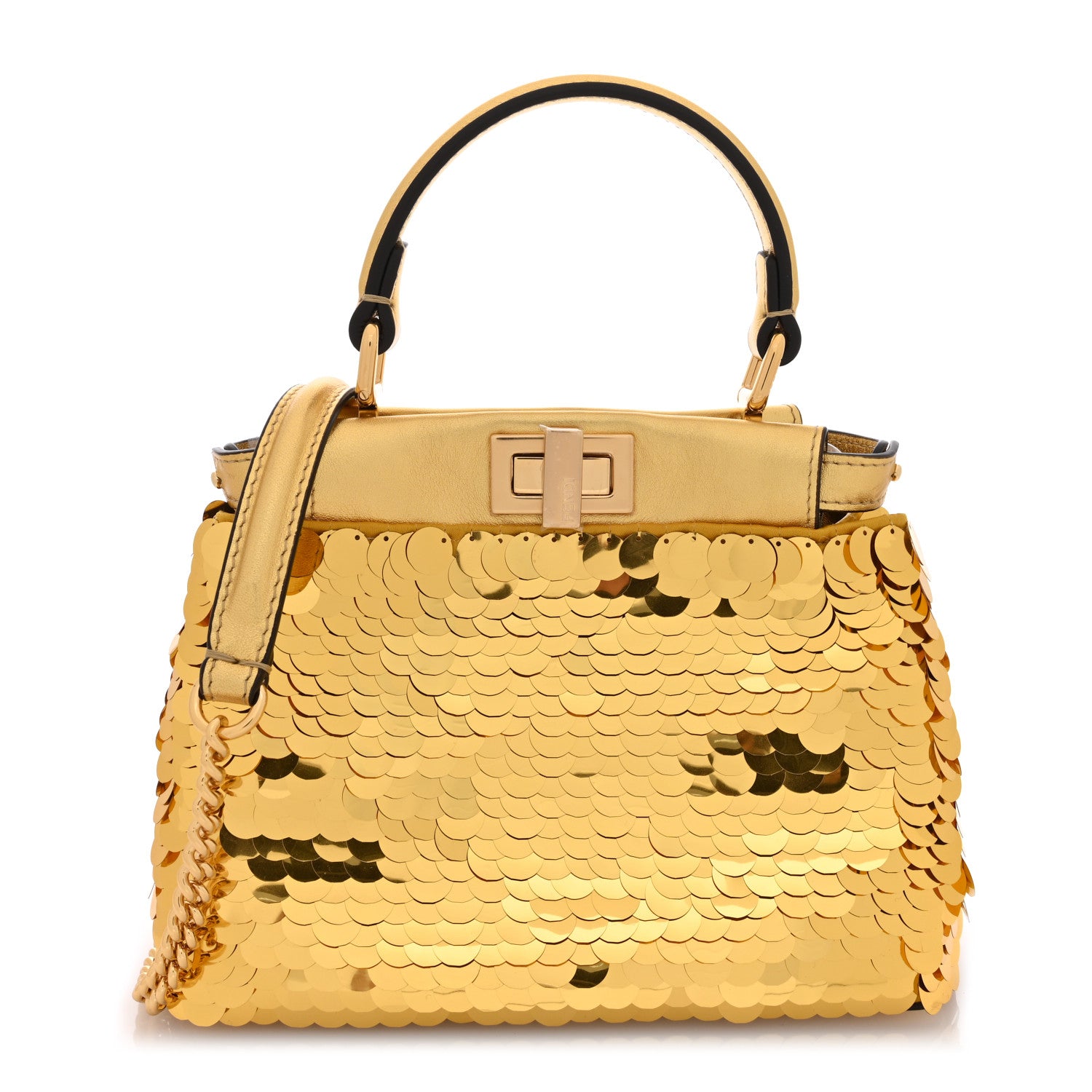 Fendi Sequin Vitello Catalan XS Peekaboo Iconic Satchel Gold 1 of 9