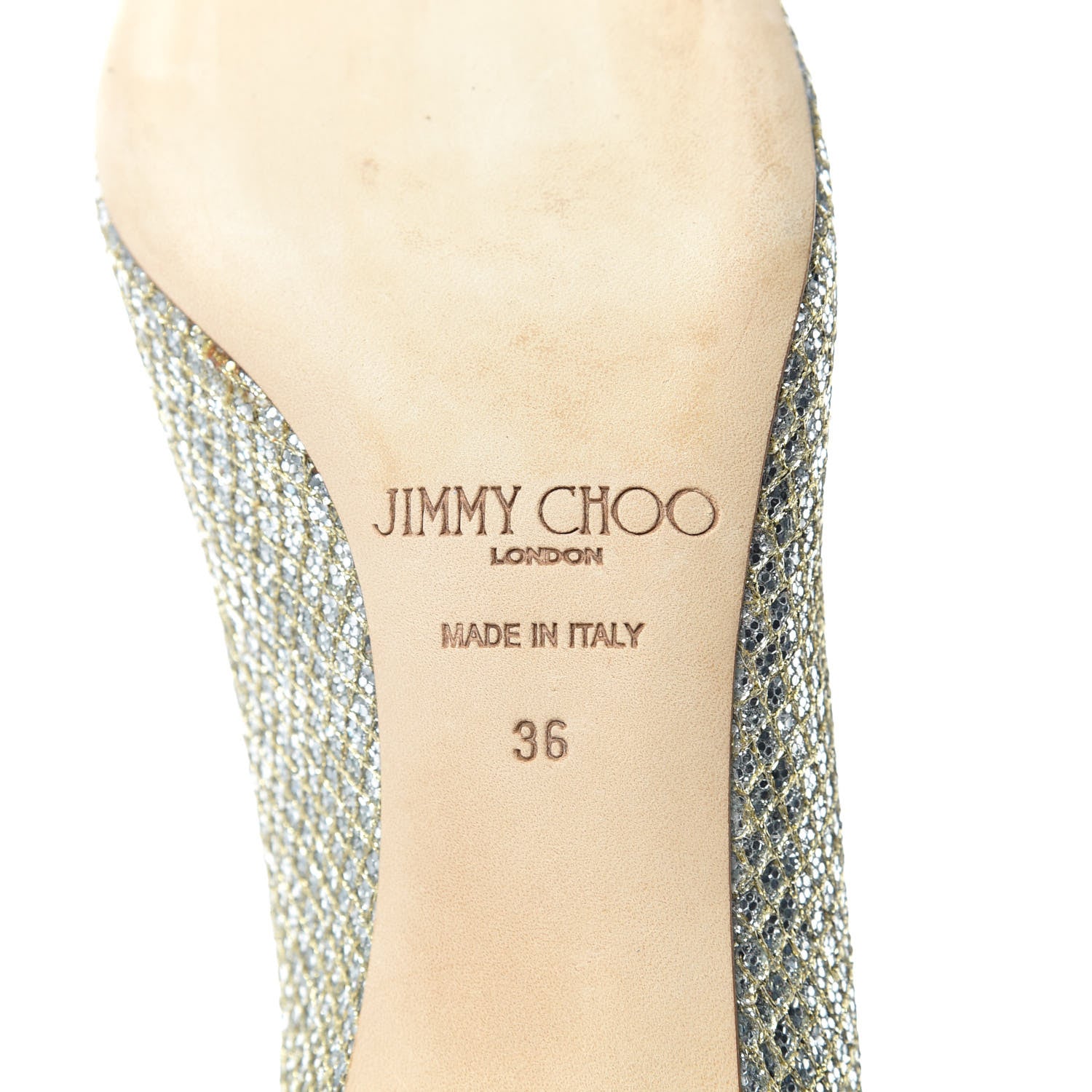Jimmy Choo Glitter Fabric Evelyn Peep Toe Pumps 36 Champagne 9 of 9