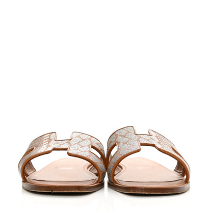 Hermes Embroidered Calfskin Oran Sandals 40 Naturel Gris Argente 2 of 8