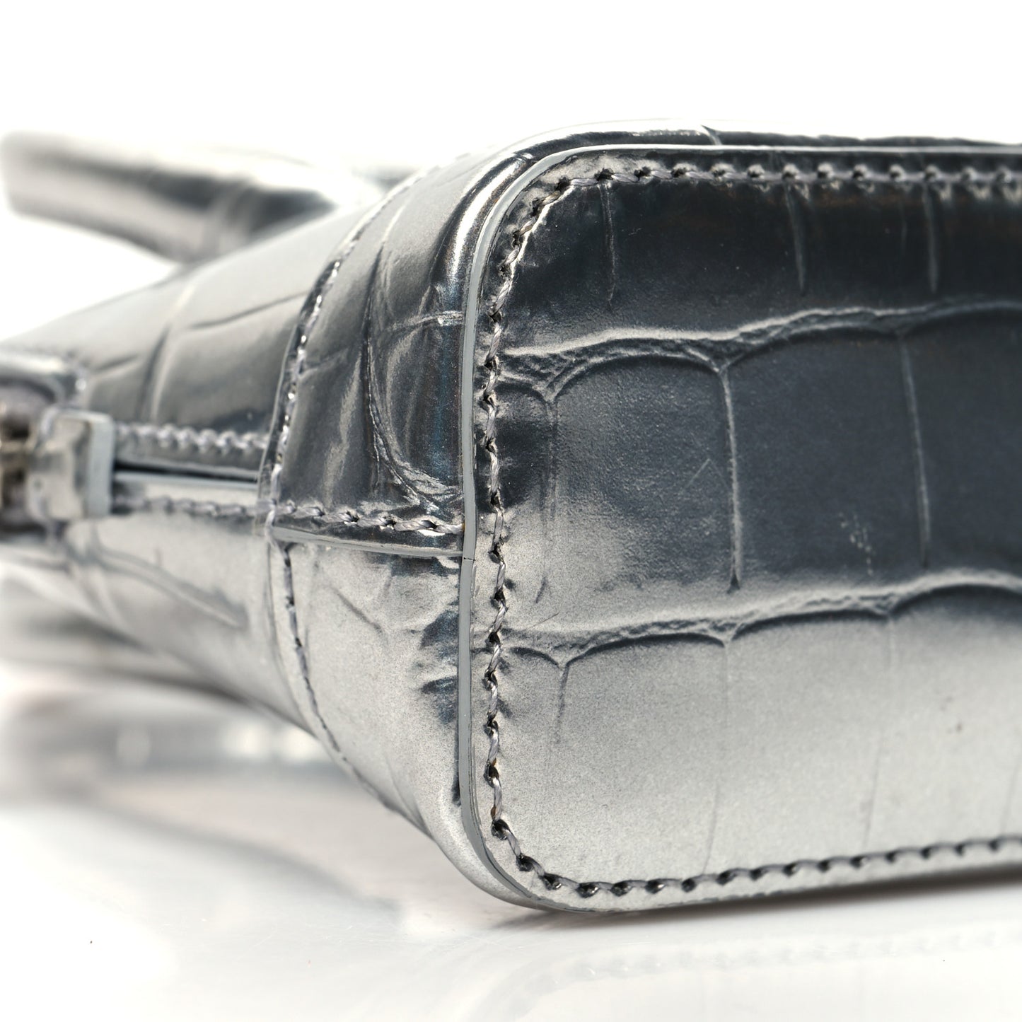 Metallic Calfskin Logo Crocodile Embossed Mini Ville Top Handle Bag Silver Black