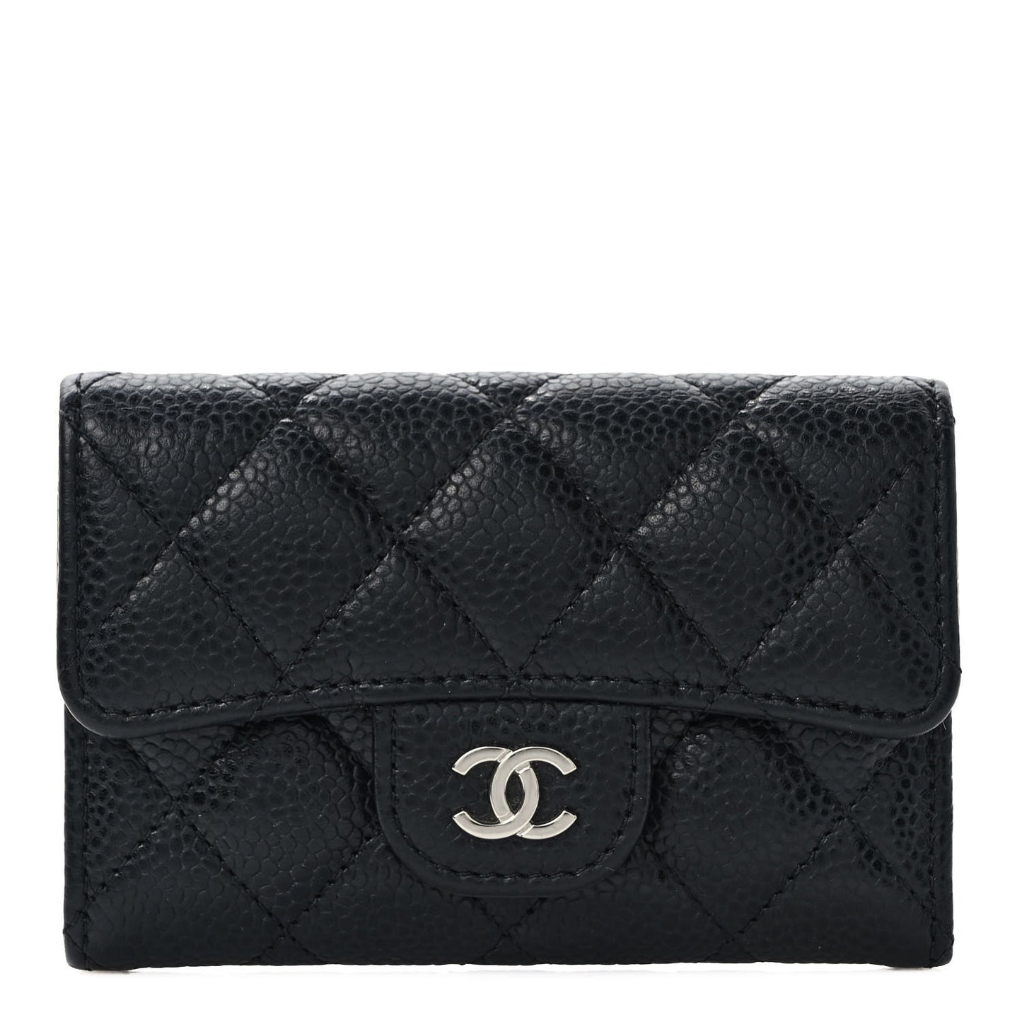 Caviar Quilted Flap Card Holder Wallet Black