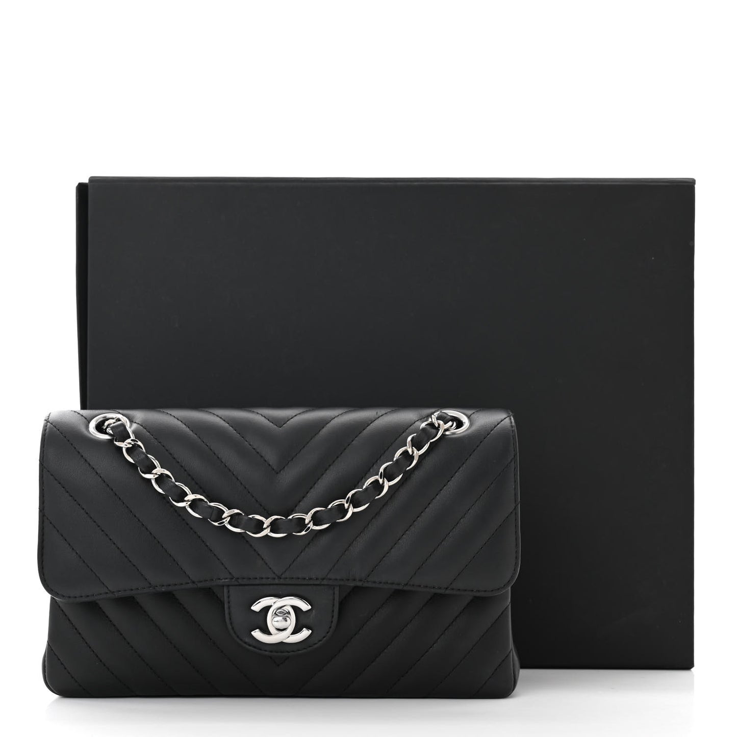 Calfskin Chevron Quilted Small Double Flap Black