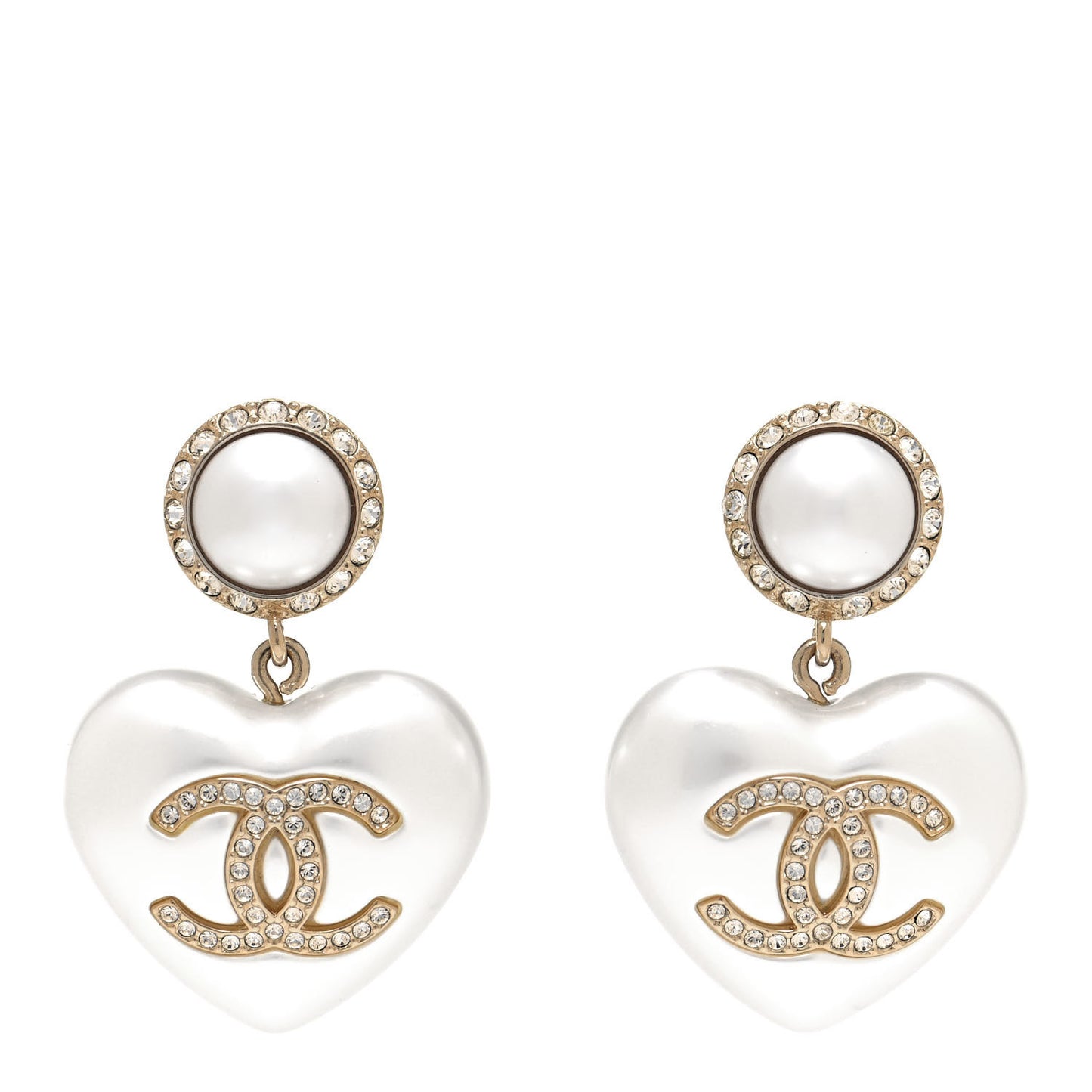 Pearl Crystal CC Heart Drop Earrings Gold