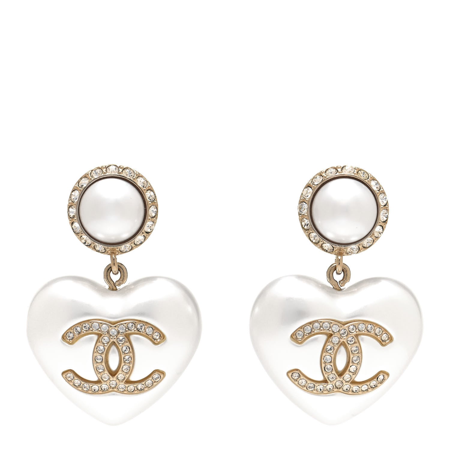 Chanel Pearl Crystal CC Heart Drop Earrings Gold 1 of 4