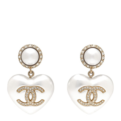 Chanel Pearl Crystal CC Heart Drop Earrings Gold 1 of 4